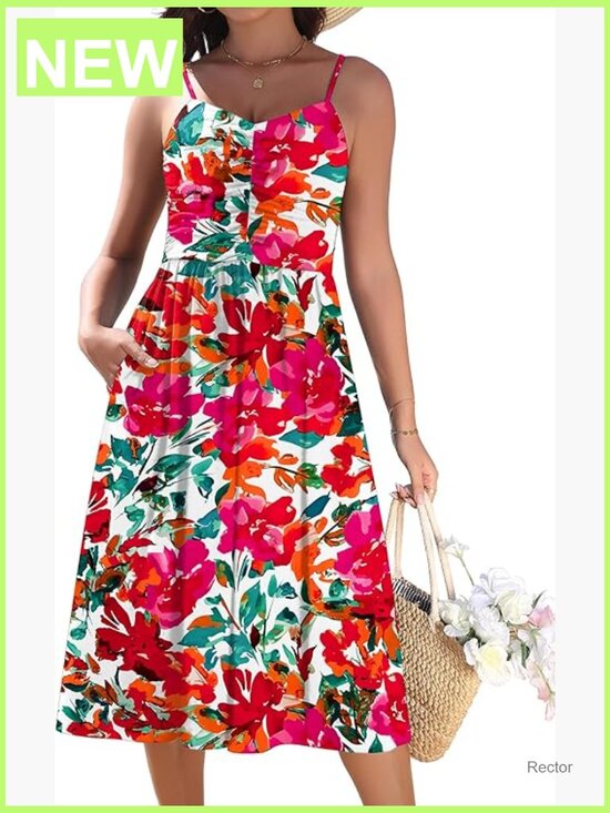 Dresses & Skirts - Adjustable Spaghetti Strap V-Neck Midi Sundress with Pockets Flowy Beach